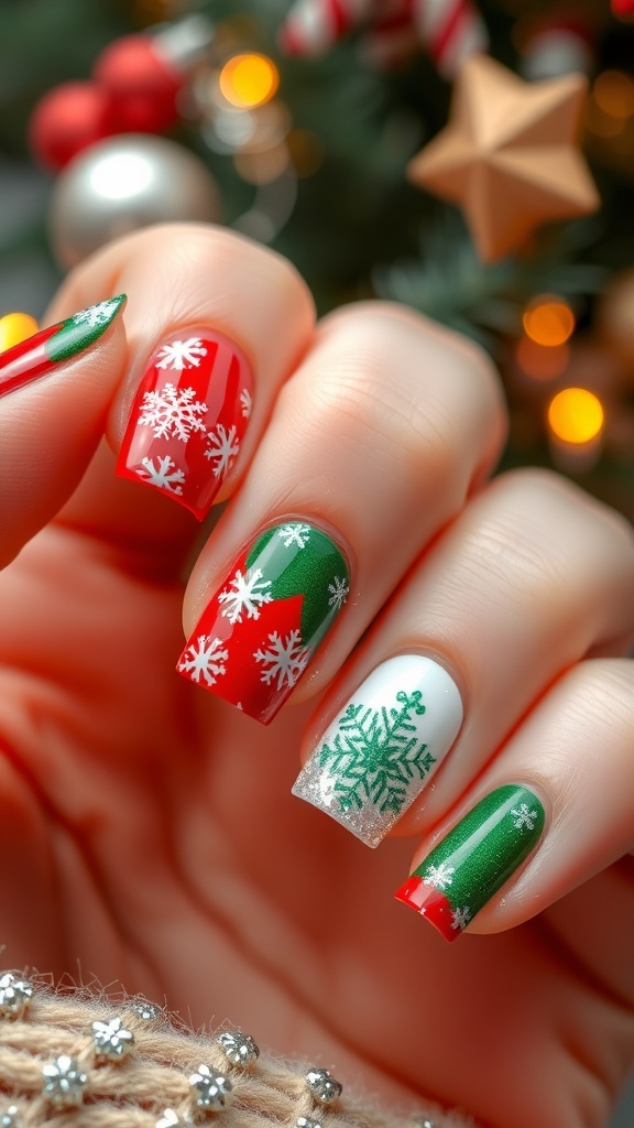 Festive Short Christmas Nail Designs Short Christmas nails painted in red and green with snowflake designs and glitter.